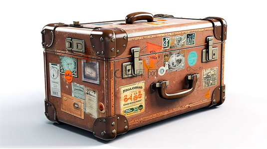 复古皮革手提箱，配有旅行贴纸金属角和白色背景 3d 渲染上的皮带