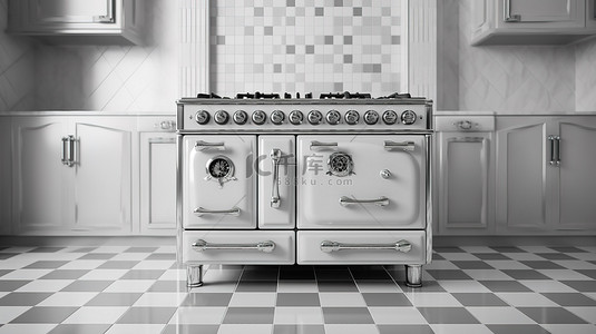 复古厨房背景图片_复古厨房用具老式燃气灶烤箱单色前视图 3D 渲染