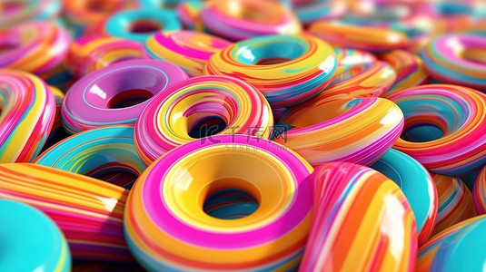 抽象甜甜圈背景的彩色 3D 渲染