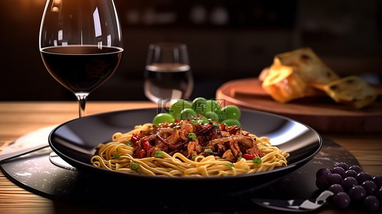 牛排美食背景图片_芳香的红酒搭配餐桌上的猪肉和面食 3D 渲染