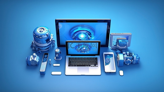 3D 渲染中蓝色设备的创意网站构建器顶视图