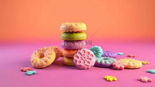 粉红色背景上彩色饼干的 3D 渲染插图