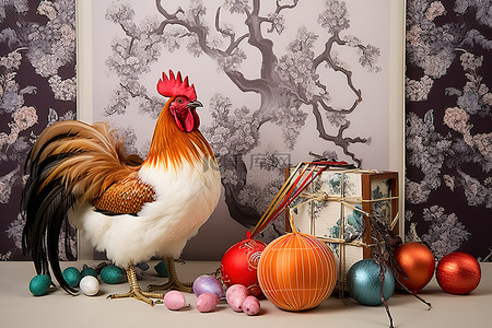 竹包装背景图片_公鸡礼物和风扇靠近一些鸡蛋和礼物