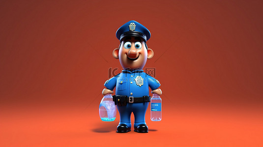 滑稽警察拿着苏打水瓶的滑稽 3D 渲染