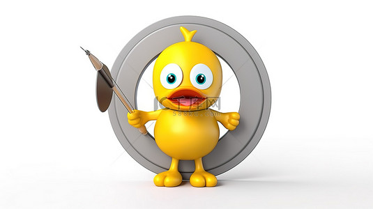 卡通可爱箭头背景图片_可爱的鸭子吉祥物，带有射箭目标和 3d 白色背景上的飞镖靶心