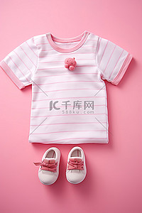 粉红色 T 恤，粉红色背景照片上有可爱的红色拖鞋