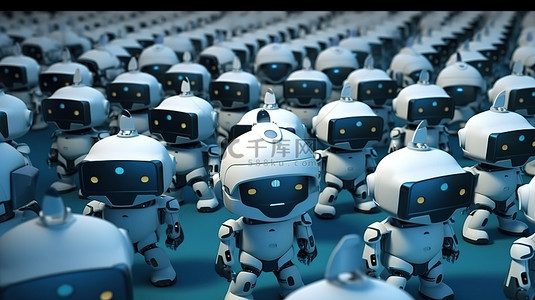 可爱的机器人背景图片_3D 渲染中可爱的人工智能机器人卡通军队