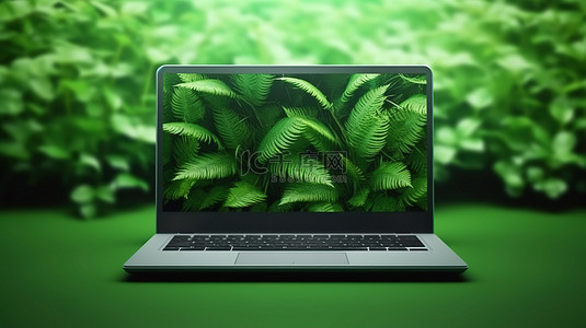 时尚的笔记本电脑在 3D 渲染中独立站立，带有绿色树叶背景