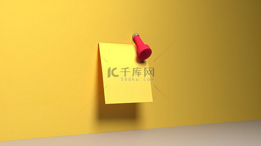 红色办公背景图片_放置在黄色便签上的红色图钉的 3D 渲染