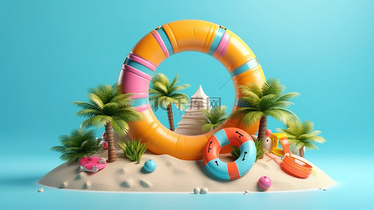 充满活力的空气填充圆圈和海滩主题展览在夏季氛围中漂流 3D 概念化