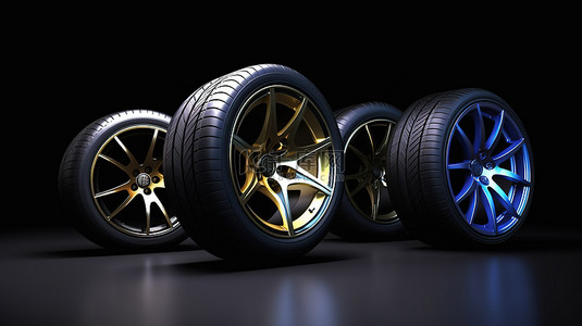 长图集合页背景图片_四个汽车轮子的 3D 渲染插图集