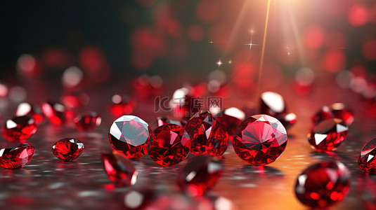 背景钻石背景图片_背景上掉落的红宝石宝石和钻石组的柔和聚焦散景 3D 渲染
