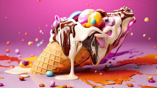 拼色背景蓝色背景图片_创新的 3D 艺术作品描绘了融化冰淇淋拼贴的创意甜点概念