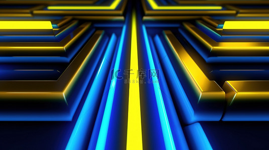 抽象 3d 背景蓝色和黄色霓虹灯线相交