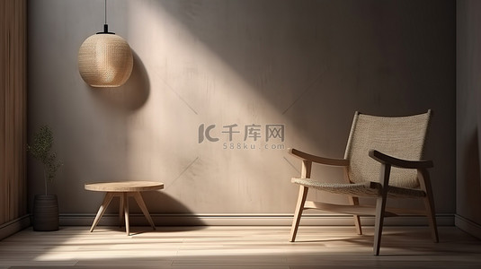 简约的室内设计，采用 3D 渲染和框架模型，配有浅色木家具和编织椅