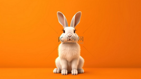 橙色背景上单色兔子的 3D 渲染