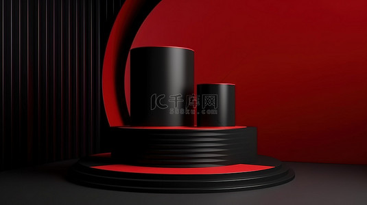黑色星期五抽象讲台的 3D 渲染，红色和黑色背景完美适合产品展示模型