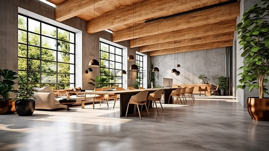 现代联合办公空间，采用混凝土和木质内饰，配有 3D 可视化家具和设备