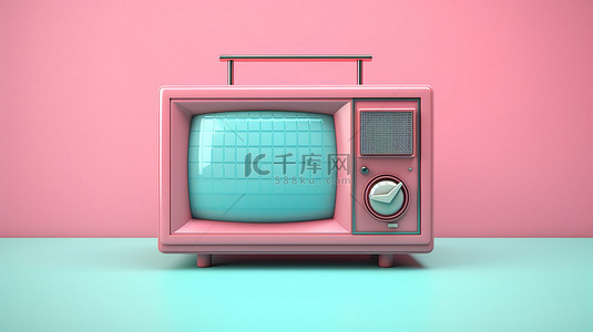 迷人的复古粉色电视，带有天线，在 3D 中创建的蓝色背景下