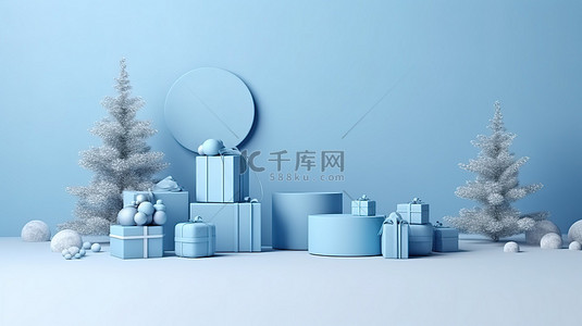 3D 讲台的创意冬季模型，带有蓝色节日风格和新年假期礼物