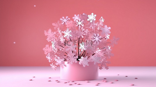 描绘冬季雪花的粉红色背景的卡通 3D 渲染