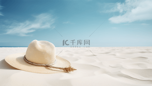 沙滩蓝天白云草帽旅行广告背景