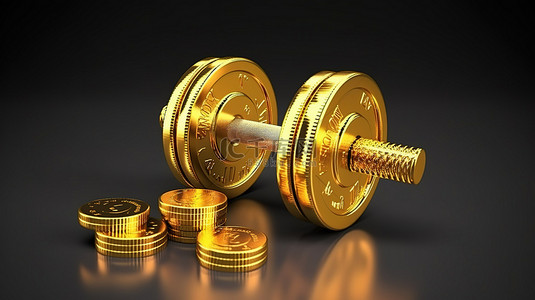 美元硬币哑铃商业和健身 3D 渲染的金色代表