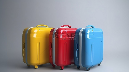 3D 渲染中家庭或商务旅行蓝色黄色和红色手提箱的概念
