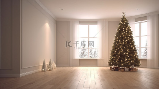 一个未来派的空间，有一棵装饰精美的 3d 圣诞树