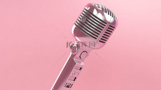 粉红色背景的 3D 渲染，带有金属麦克风，用于唱歌或演奏音乐