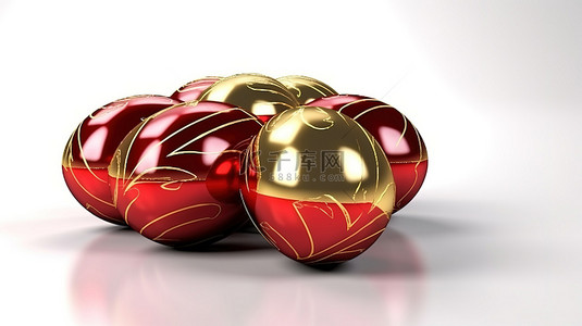 金色球体装饰在红色复活节彩蛋上，白色背景 3D 渲染