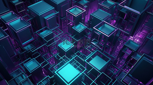 紫色和蓝色 3d 渲染中的未来主义插图抽象几何背景