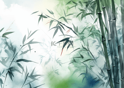 水墨风景树叶背景图片_竹子树叶绿色水彩背景