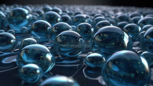 抽象 3d 表面上闪闪发光的蓝色球体和水滴