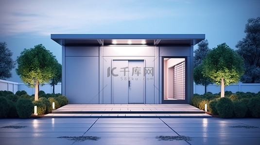 家居背景图片_移动房屋铝制滑动门入口的 3D 插图