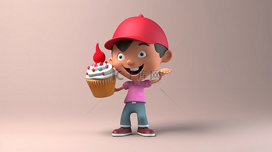 可爱的 3d 卡通青少年沉迷于纸杯蛋糕的喜悦