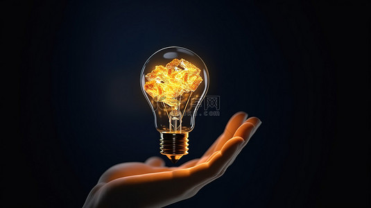 创造性思维通过手持灯泡在背景 3D 渲染插图上启发想法