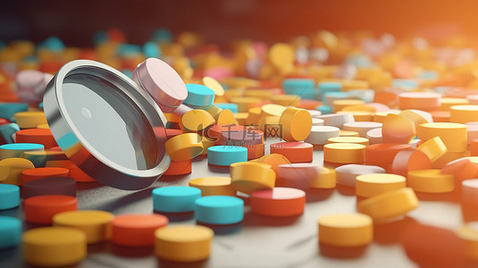 医疗药片背景图片_医疗保健概念放大药片和显微镜的 3D 插图