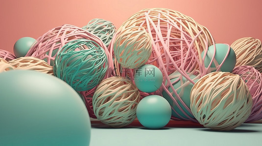 空中柔和的粉彩球体和线条 3d 渲染抽象