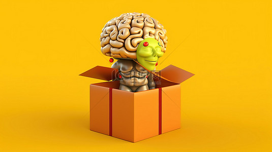 充满活力的黄色背景上充满大脑的礼品盒的创新礼物创意 3D 渲染