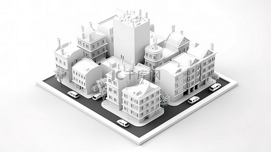 城镇白砖房屋建筑的 3D 渲染