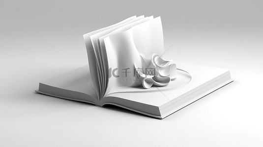 创新的简约纸张概念一本在 3D 渲染的白色背景上的白皮书