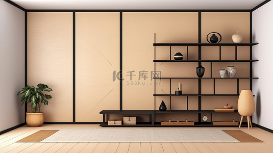 日式房间室内设计，包括门纸柜架墙和榻榻米地板 3D 渲染