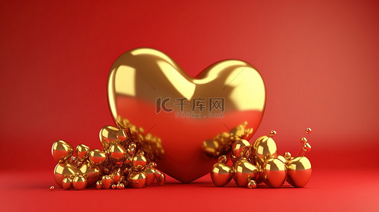 爱心气球气球背景图片_闪亮的情人节气球字体，3D 金色，红色背景上有光泽的心和小球
