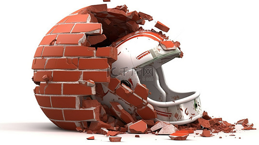 白色背景下带头盔的 3D 破裂砖墙