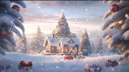 特卖冬季背景图片_冬季仙境 3D 渲染，配有礼品盒雪花树木和房屋