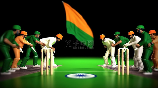 比赛准备就绪的印度和巴基斯坦板球队与 3D 球员和装备对决