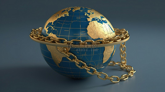 金色比特币的 3D 渲染图像，被包裹在蓝色球体中，由闪闪发光的金链连接