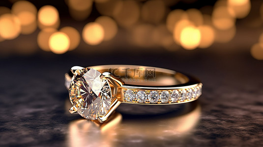 戒指钻石背景图片_3D 渲染逼真的黄金钻石戒指放置在光滑光滑的桌子上