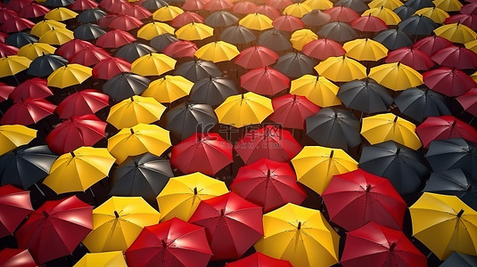 独特的红色雨伞在黄色海洋中脱颖而出，象征着 3D 渲染中的领导力和独特性